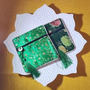 Set of 2 Green Floral Print Silk Brocade Coin Purse Embroider Jewelry Bag Wallet